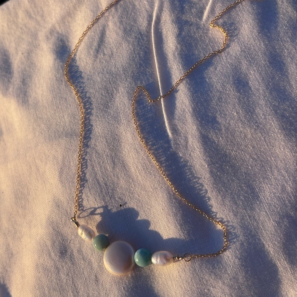 Handmade Genuine Freshwater Pearl and Larimar Dainty Necklace